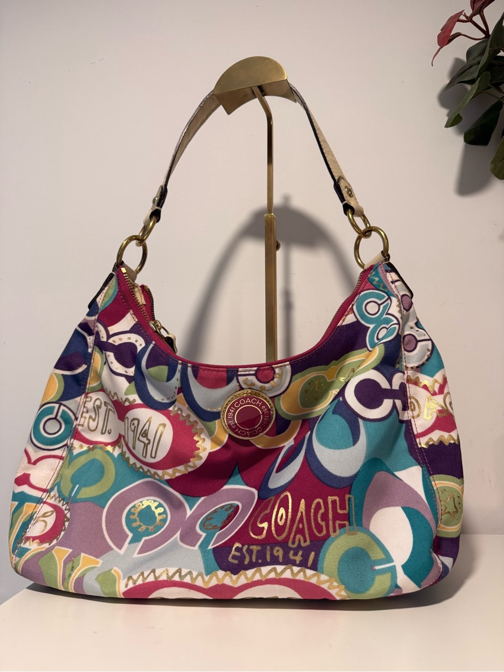 Vintage Coach Multicolor Signature Print Hobo Bag